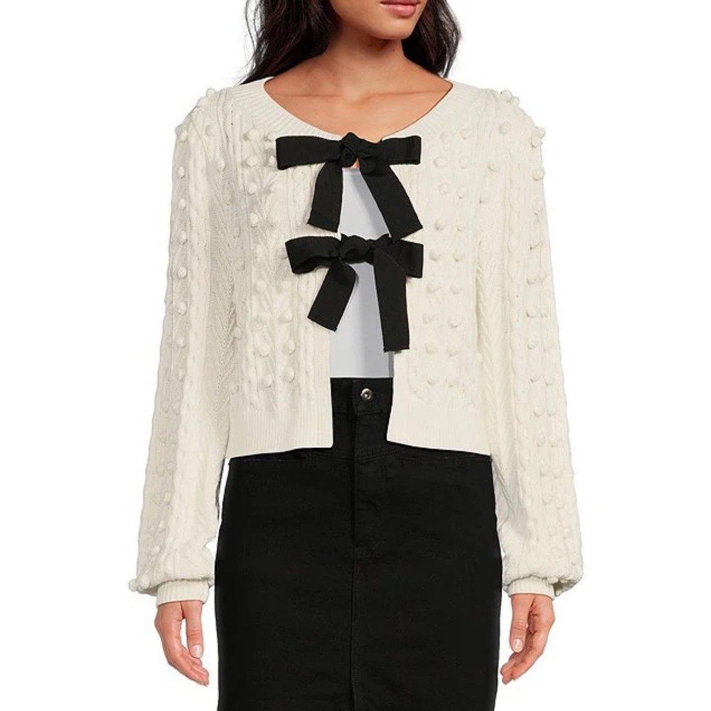 Elegant White Cardigan with Black Bow Accents